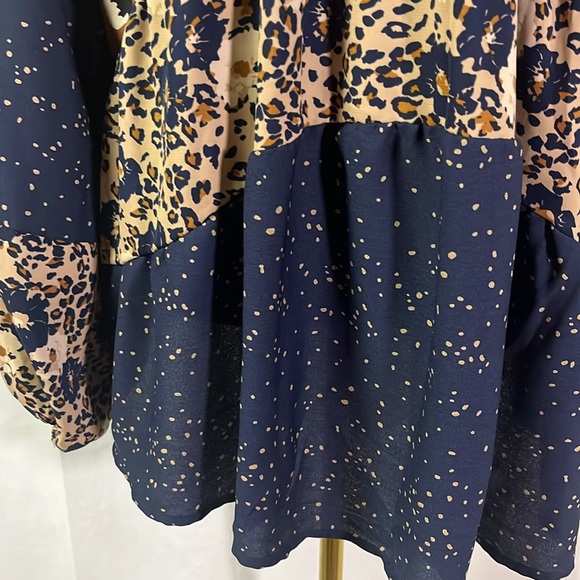 Hailey & Co. Navy Brown & Beige Mixed Print V-Neck Babydoll Blouse - Picture 14 of 16